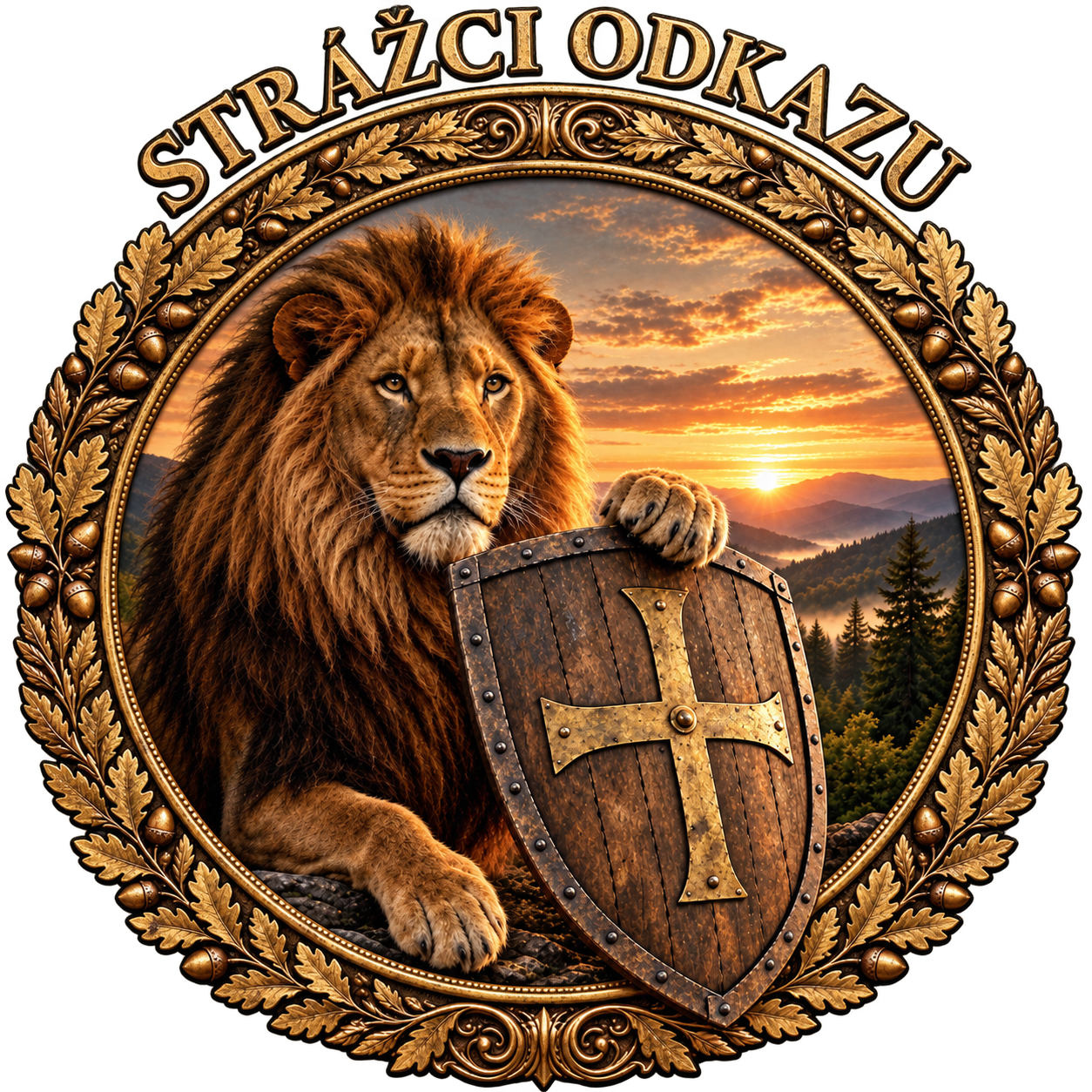 Oficiální znak Strážců odkazu: lev se štítem ve zlatém dubovém věnci